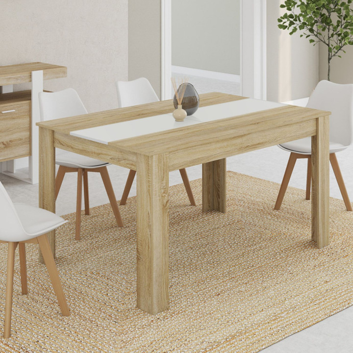 Table à manger rectangle GEORGIA 6 personnes imitation hêtre et blanche 140 x 90 cm
