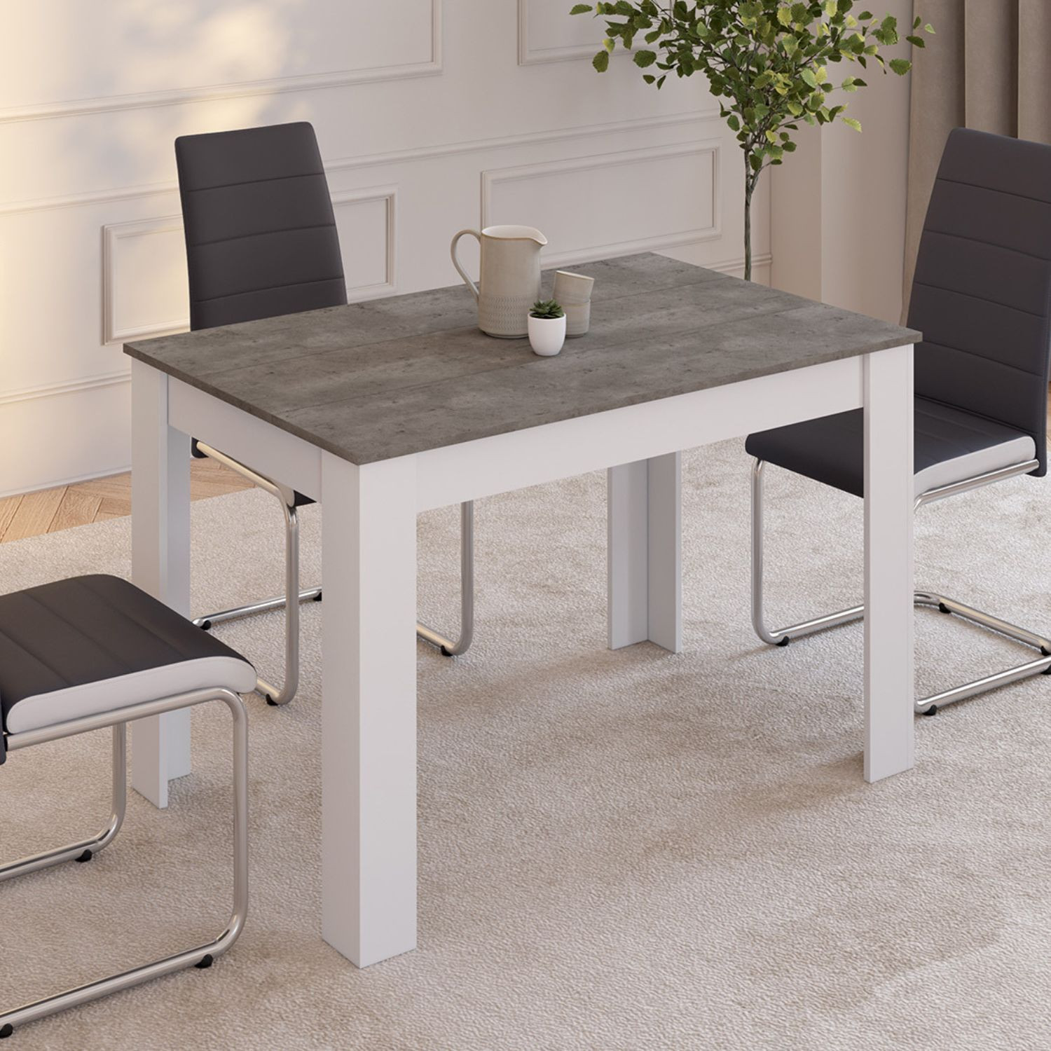 Table à manger blanche rectangle plateau effet béton 4 personnes