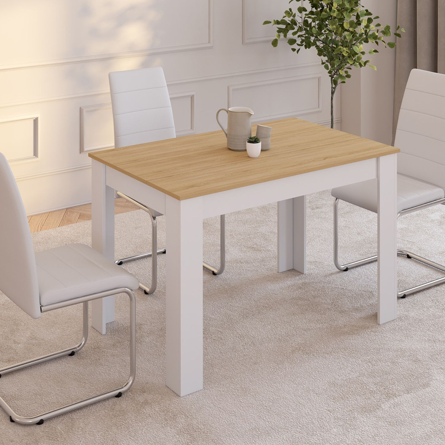Table à manger rectangle blanche plateau façon hêtre 4 personnes
