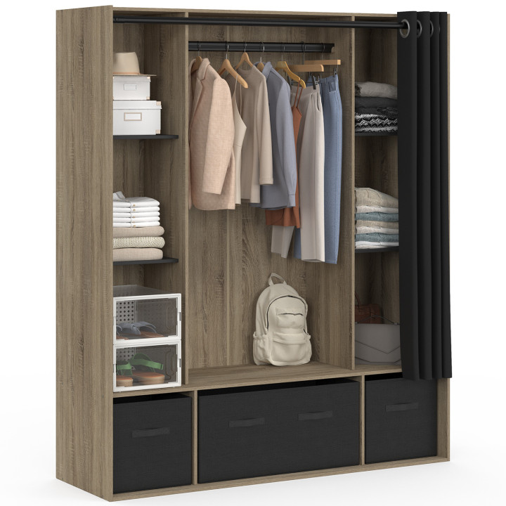 Dressing double penderie DIANE 140 x 45 x 167 cm hêtre avec étagères + boites de rangement + rideau noir