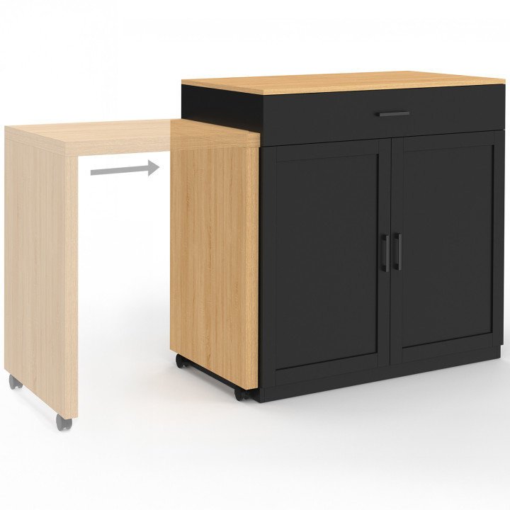 Ilot central VITO 94-155 cm bois noir avec table à manger extensible intégrée façon hêtre