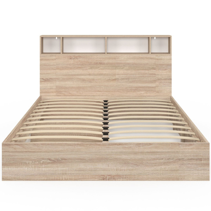 Doppelbett CLEM mit Stauraum + Kopfteil und Lattenrost 160 x 200 cm Buche und Weiß