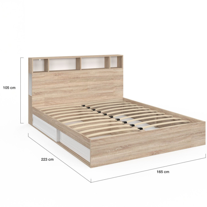 Letto matrimoniale CLEM con contenitore + testiera e base 160 x 200 cm faggio e bianco