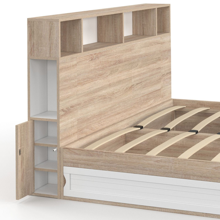 CLEM cama doble con almacenaje + cabecero y base 160 x 200 cm haya y blanco