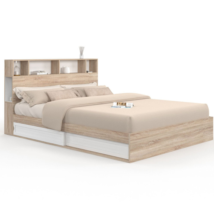 CLEM cama doble con almacenaje + cabecero y base 160 x 200 cm haya y blanco