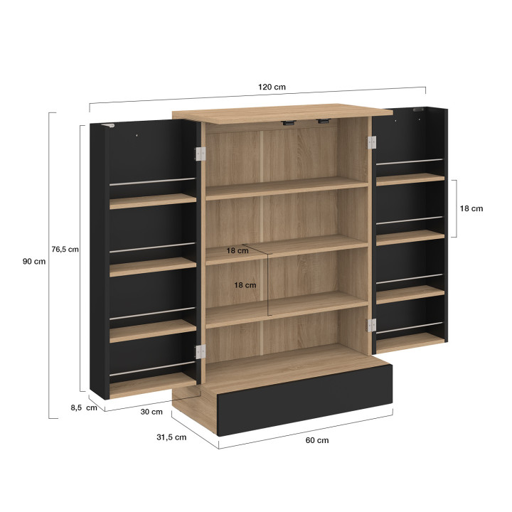 ALTO lage keukenkast H.90 cm met zwarte en houten opbergelementen