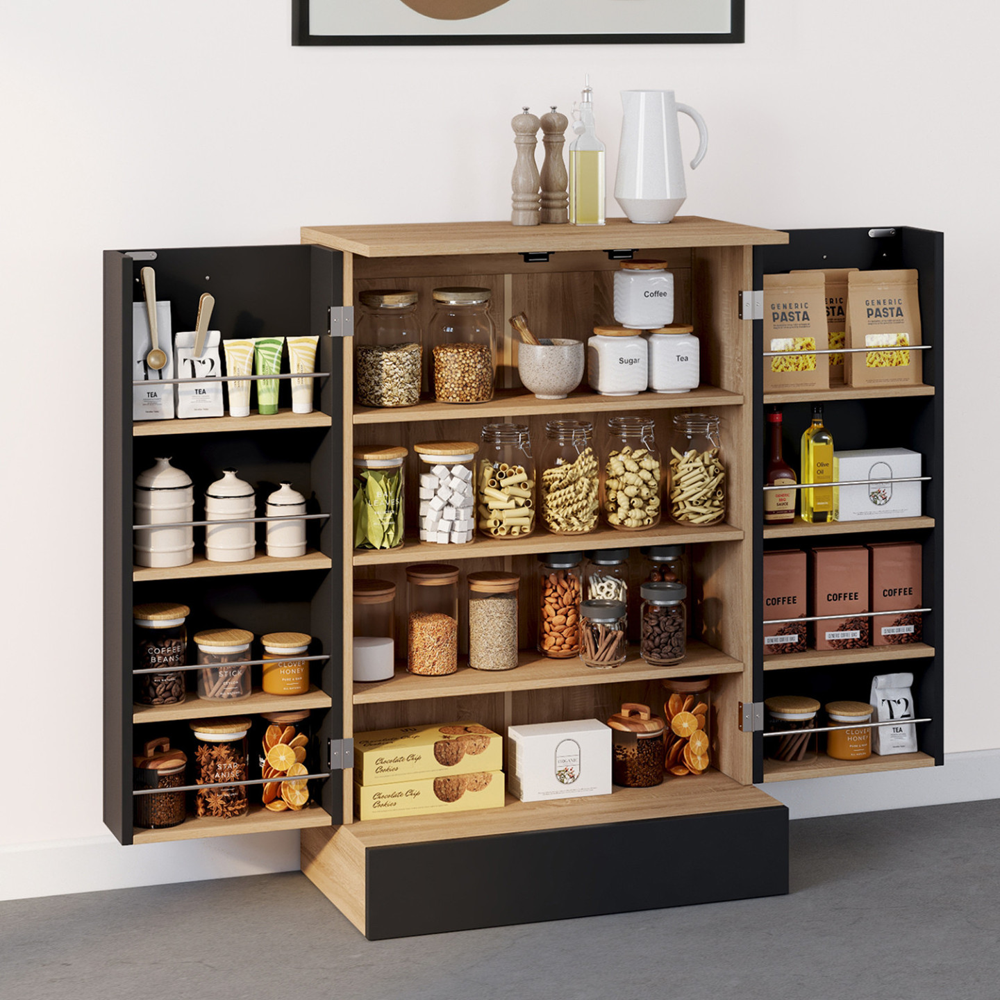 Buffet Bas De Cuisine H 90 Cm Avec Rangements Noir Et Bois ALTO Buffet Bas De Cuisine H 90 Cm Avec Rangements Noir Et Bois ALTO