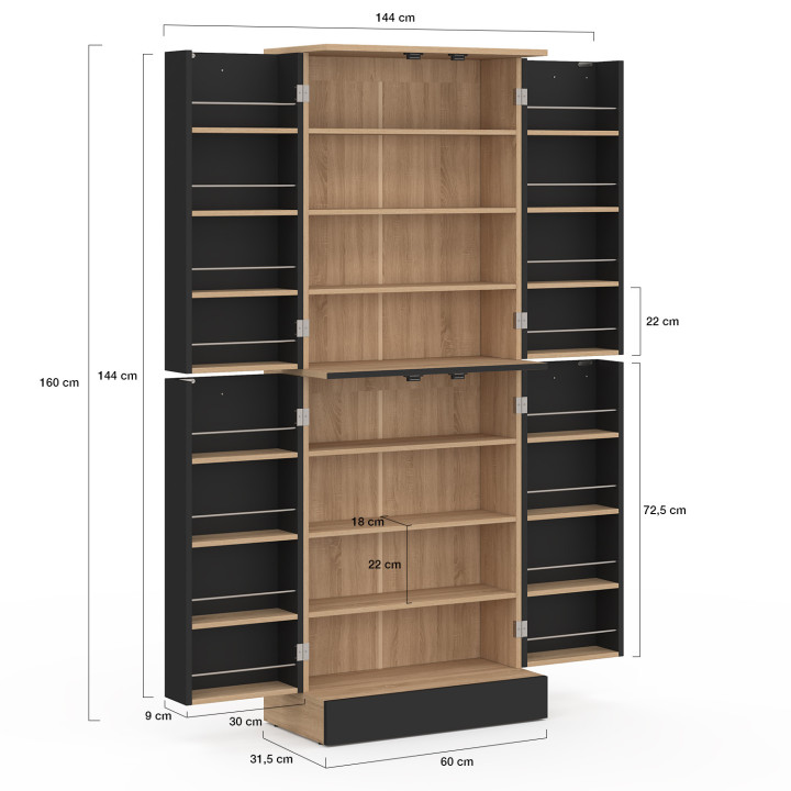 Highboard keukenkast H.160 cm ALTO 4 deuren met beuken en zwarte opbergelementen