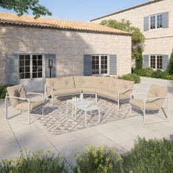 Set di mobili da giardino bassi a 8 posti con angolo in acciaio bianco e cuscini beige - NAIROBI | IdMarket