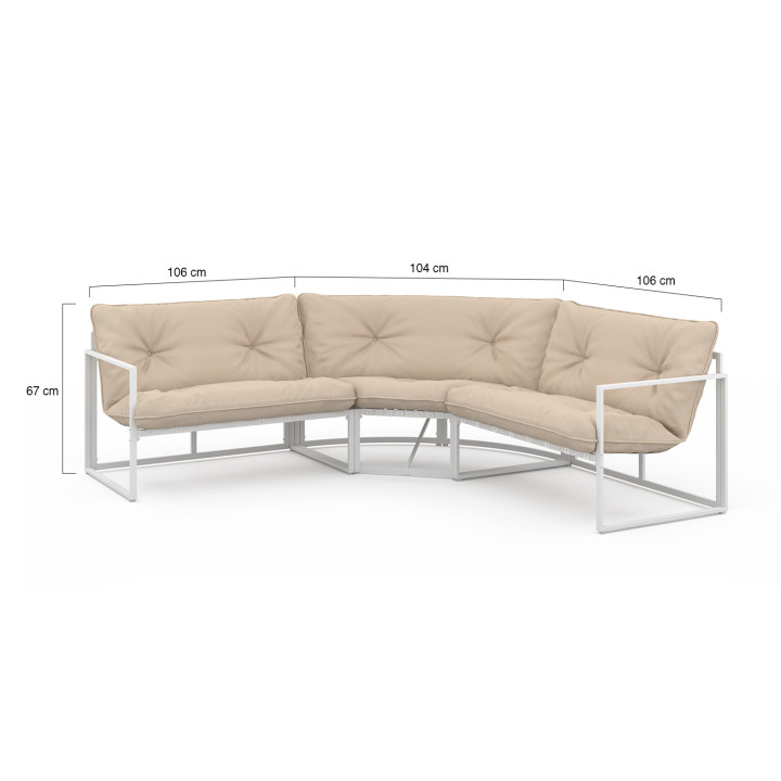 NAIROBI set di mobili da giardino bassi 8 posti lounge angolare in acciaio bianco con cuscini beige