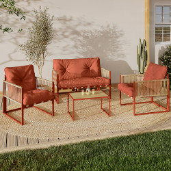 Niedrige Gartenmöbel RIO 4-Sitzer Metallgestell Terracotta, Seil in Rattanoptik mit Terracotta-Kissen