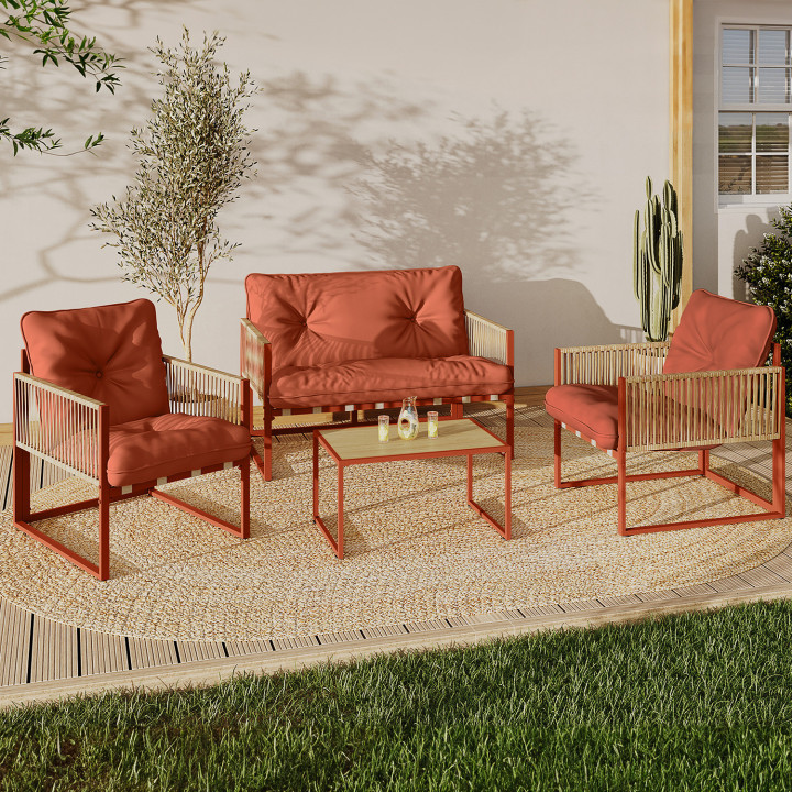 Salon de jardin bas RIO 4 places structure métal terracotta, cordage effet rotin avec coussins terracotta