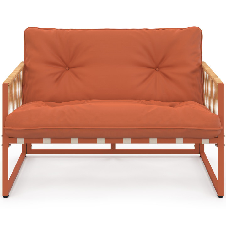 Set di mobili da giardino bassi RIO 4 posti struttura in metallo color terracotta, cordame effetto rattan con cuscini in terraco