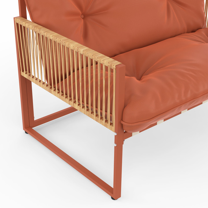 Niedrige Gartenmöbel RIO 4-Sitzer Metallgestell Terracotta, Seil in Rattanoptik mit Terracotta-Kissen