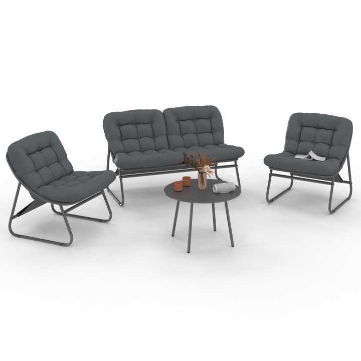 Gartenmöbel ARONA niedrig 4-Sitzer aus anthrazitgrauem Metall und grauen Kissen mit Sofa, Sessel und Tisch