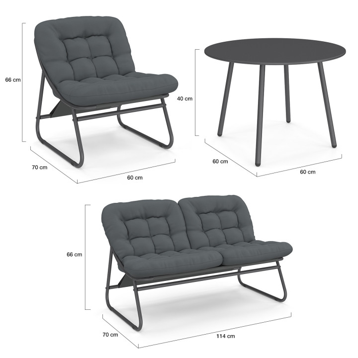 Gartenmöbel ARONA niedrig 4-Sitzer aus anthrazitgrauem Metall und grauen Kissen mit Sofa, Sessel und Tisch