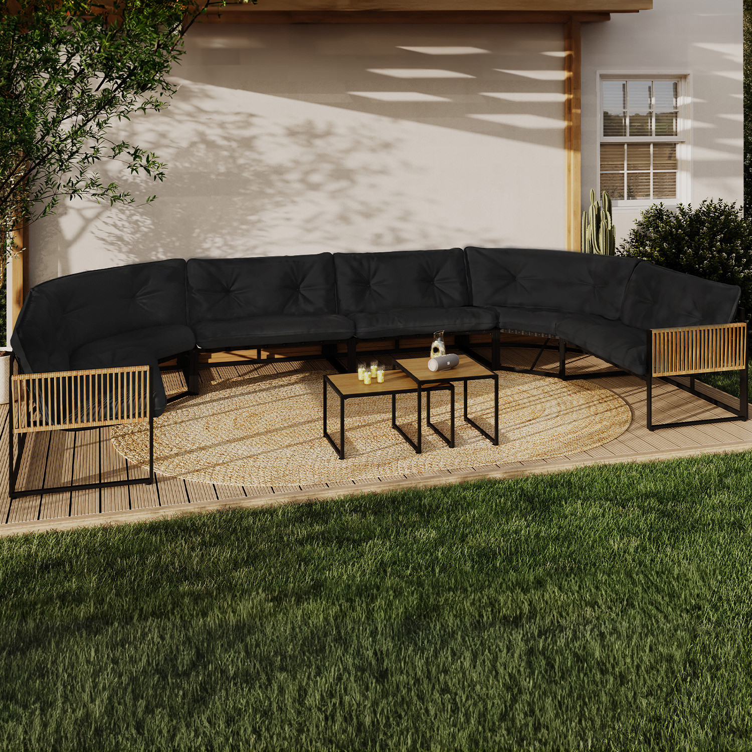 Salon de jardin bas 12 places salon d'angle structure métal noir, cordage effet rotin avec coussins noirs