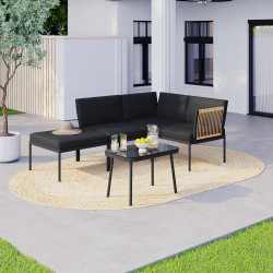 RIO 4-persoons lage modulaire tuinset zwart metalen frame, licht rotan effect koord met zwarte kussens
