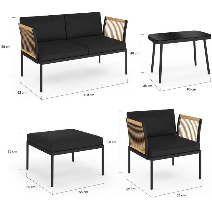 Conjunto de muebles de jardín modulares bajos RIO de 4 plazas con estructura de metal negro, cordón efecto ratán claro, cojines