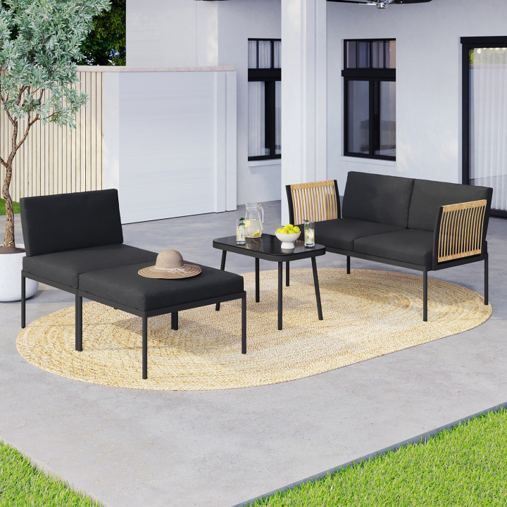 Niedrige Gartenmöbel RIO 4-Sitzer modular Metallstruktur schwarz, Seil mit Rattan-Effekt hell mit schwarzen Kissen und Couchtisc