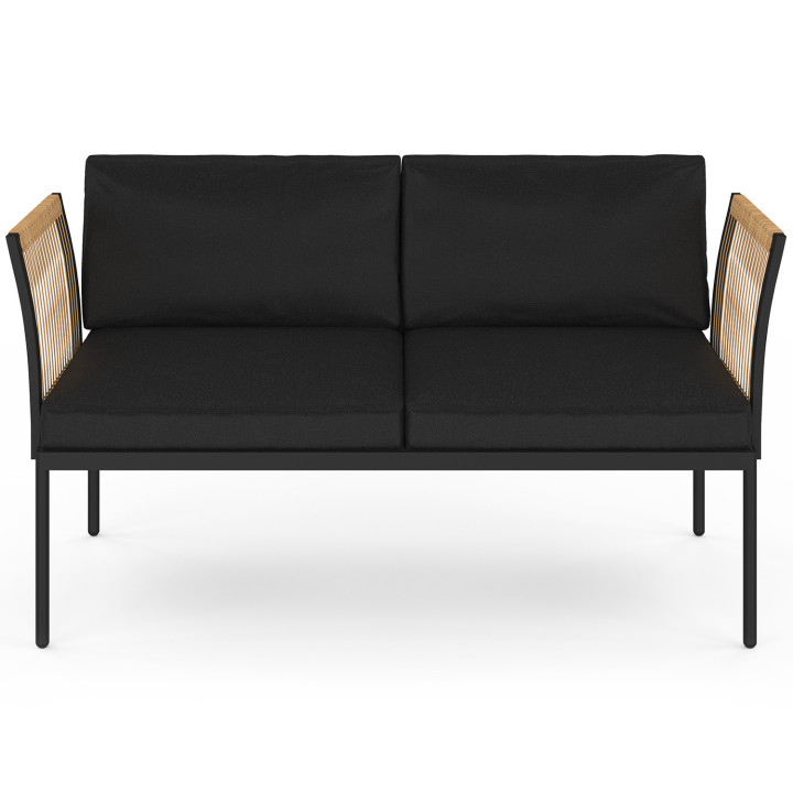 Niedrige Gartenmöbel RIO 4-Sitzer modular Metallstruktur schwarz, Seil mit Rattan-Effekt hell mit schwarzen Kissen