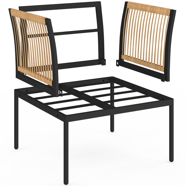 RIO 4-persoons lage modulaire tuinset met zwart metalen frame, licht rotan effect koord, zwarte kussens en salontafel