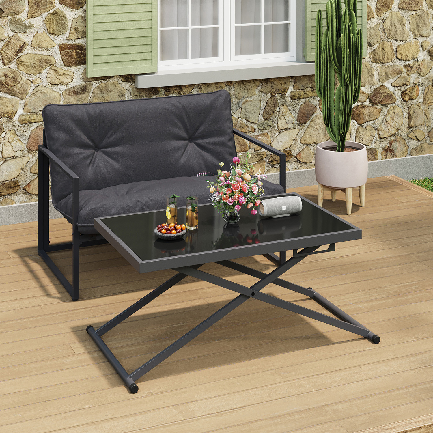 Table de jardin à hauteur réglable 3 positions 100 cm en métal gris anthracite et plateau gris