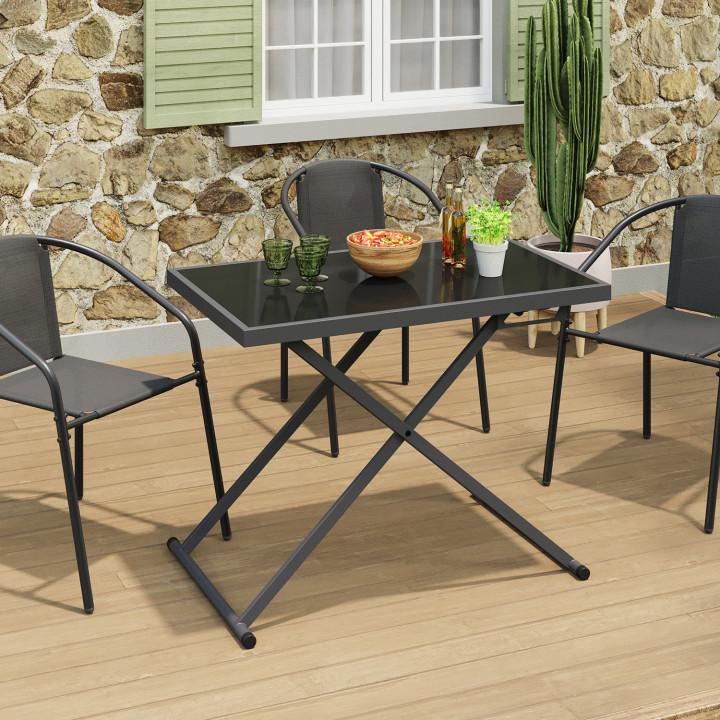 Tavolo da giardino regolabile in altezza a 3 posizioni, 100 cm, in metallo grigio antracite con piano in vetro grigio - OLIE