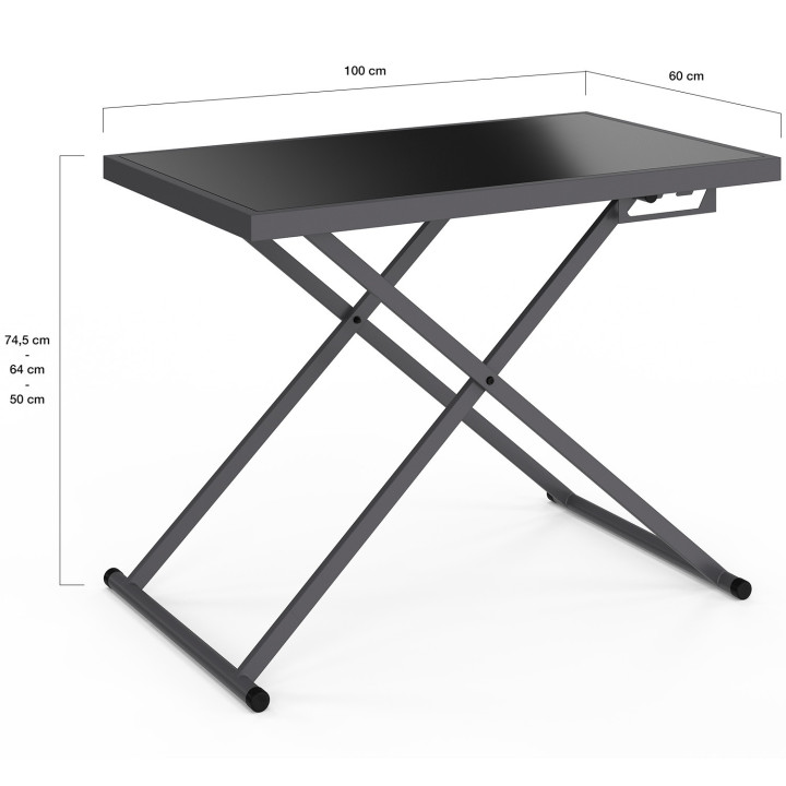 Tavolo da giardino regolabile in altezza a 3 posizioni, 100 cm, in metallo grigio antracite con piano in vetro grigio - OLIE