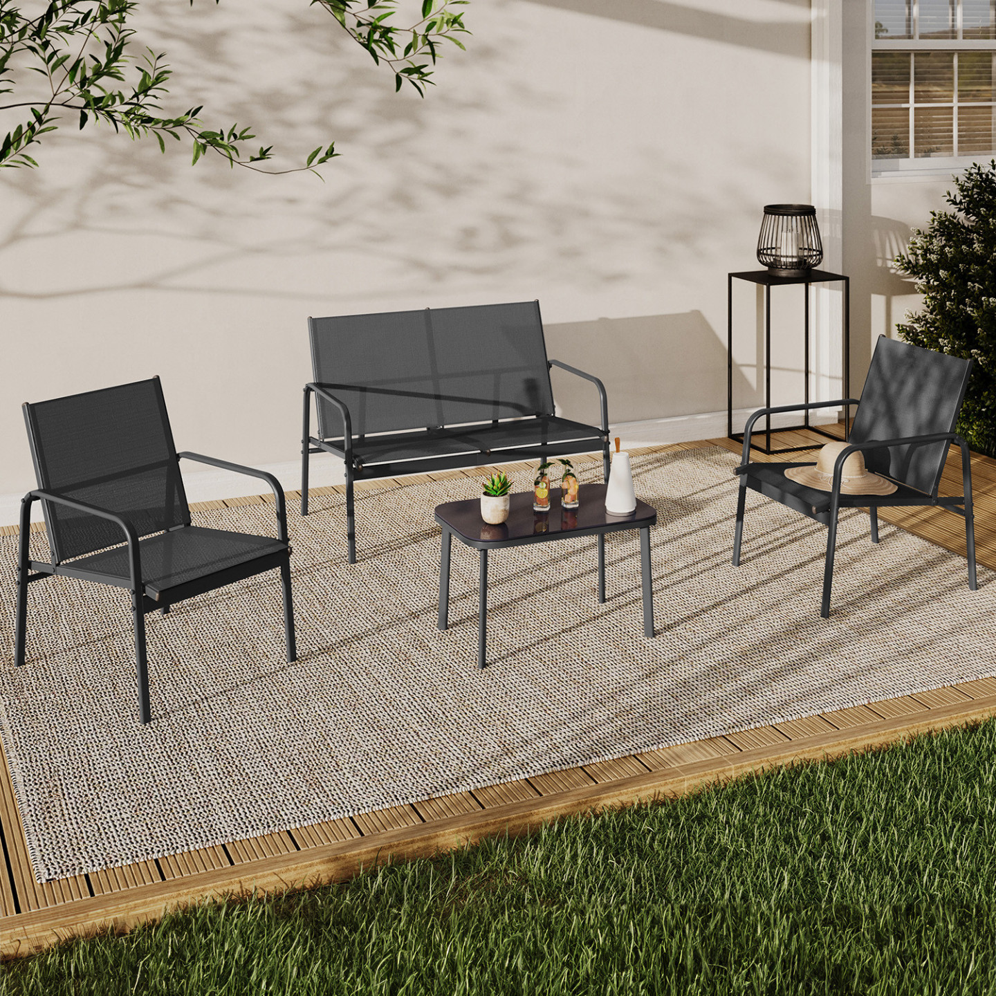 Niedrige 4-Sitzer Gartenmöbel mit Sofa, Sesseln und Tisch in Anthrazitgrau