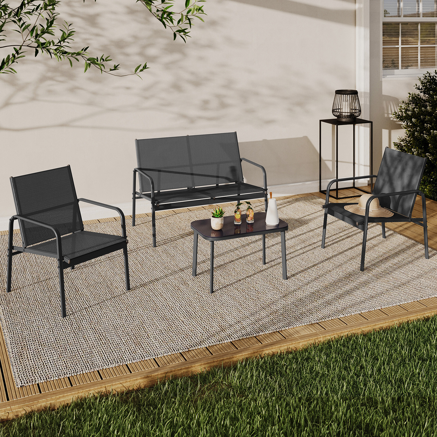 Salon de jardin bas 4 places avec canapé, fauteuils et table gris anthracite - TOLEDE | IdMarket