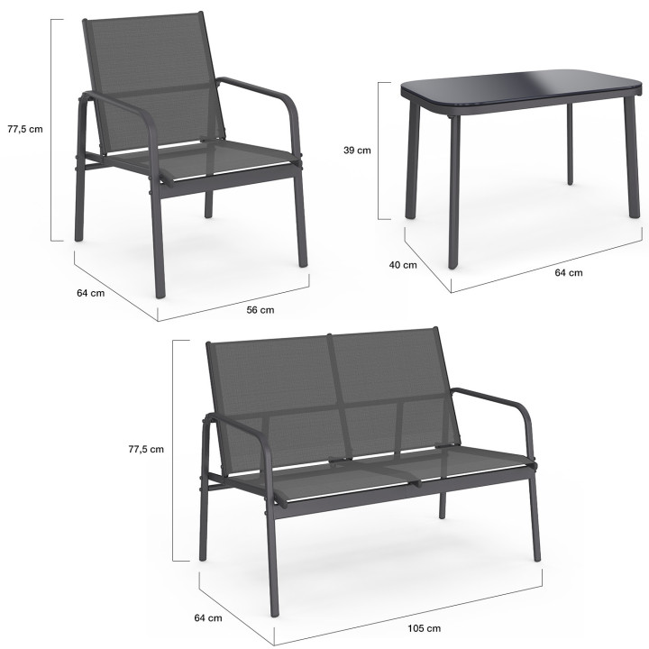 Set di mobili da giardino TOLEDE basso a 4 posti con divano, poltrone e tavolo grigio antracite