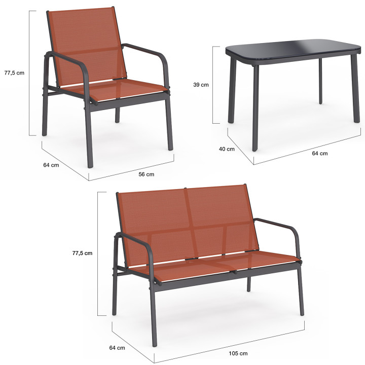 Niedrige Gartenmöbel TOLEDE 4-Sitzer mit Sofa, Sesseln und Tisch terracotta