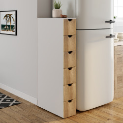 Tour de rangement 6 tiroirs WILO sur roulettes colonne gain de place blanc et façon hêtre