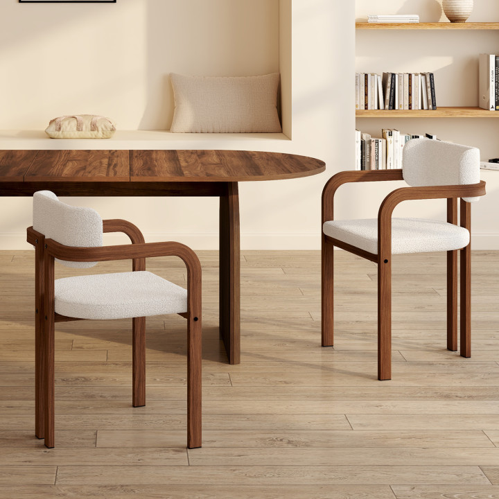 Set van 2 ESMA eetkamerstoelen en tafelarmstoelen in walnoteneffect metaal en bouclette stof met armleuningen