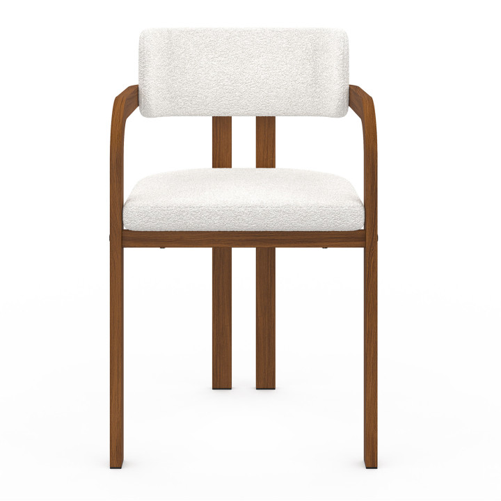 Set van 2 ESMA eetkamerstoelen en tafelarmstoelen in walnoteneffect metaal en bouclette stof met armleuningen