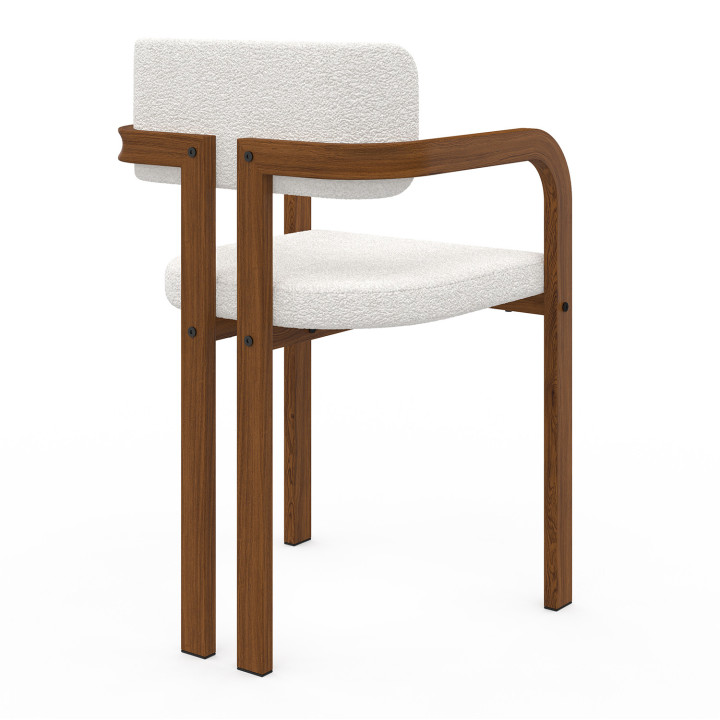 Set van 2 ESMA eetkamerstoelen en tafelarmstoelen in walnoteneffect metaal en bouclette stof met armleuningen