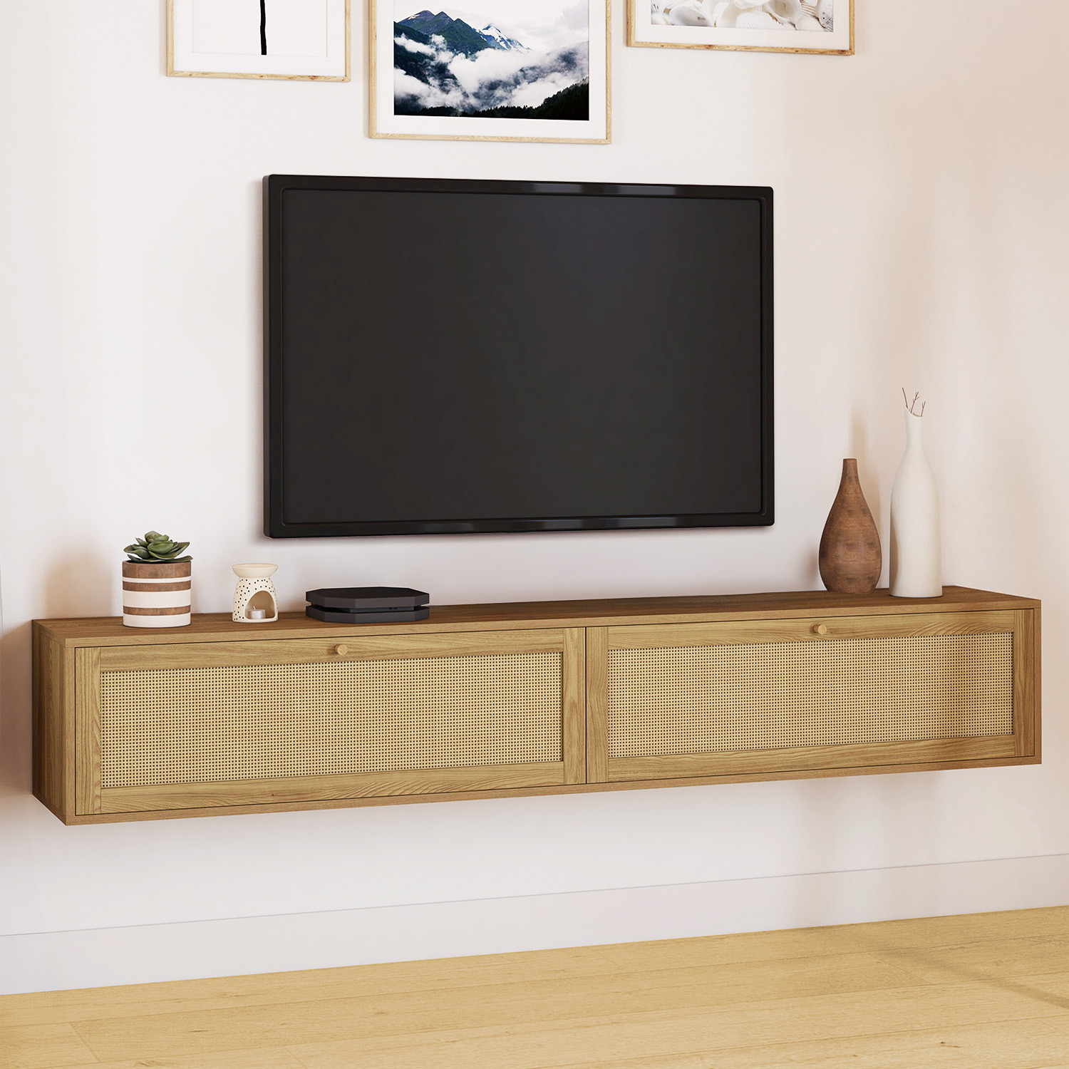 Meuble TV 180 cm suspendu 2 portes effet naturel cannage