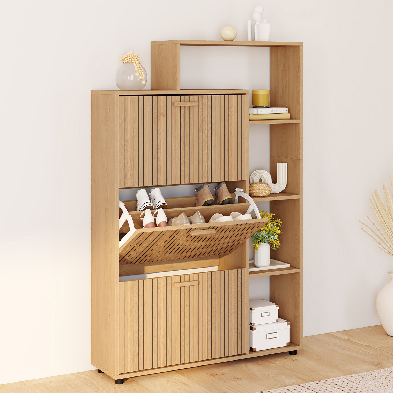 Meuble à chaussures 18 paires 3 portes avec étagères lattes tasseau bois coloris chêne