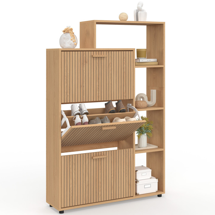 Mueble zapatero 18 pares JULIETTE imitación haya con 3 puertas negras y estante