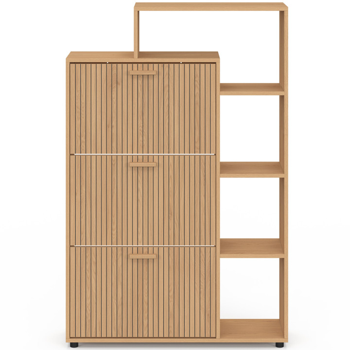 Mueble zapatero 18 pares JULIETTE imitación haya con 3 puertas negras y estante