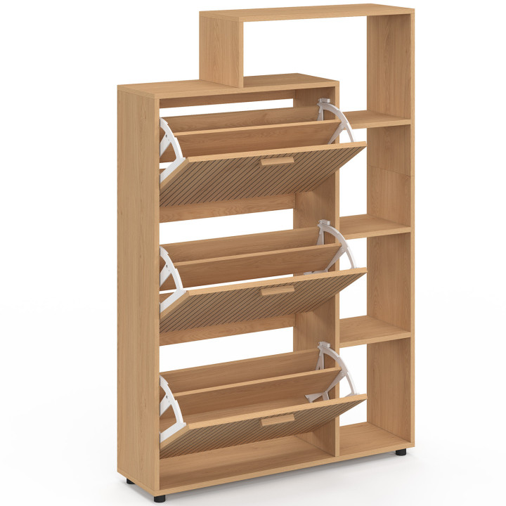 Meuble à chaussures 18 paires JULIETTE 3 portes avec étagères lattes tasseau bois coloris chêne