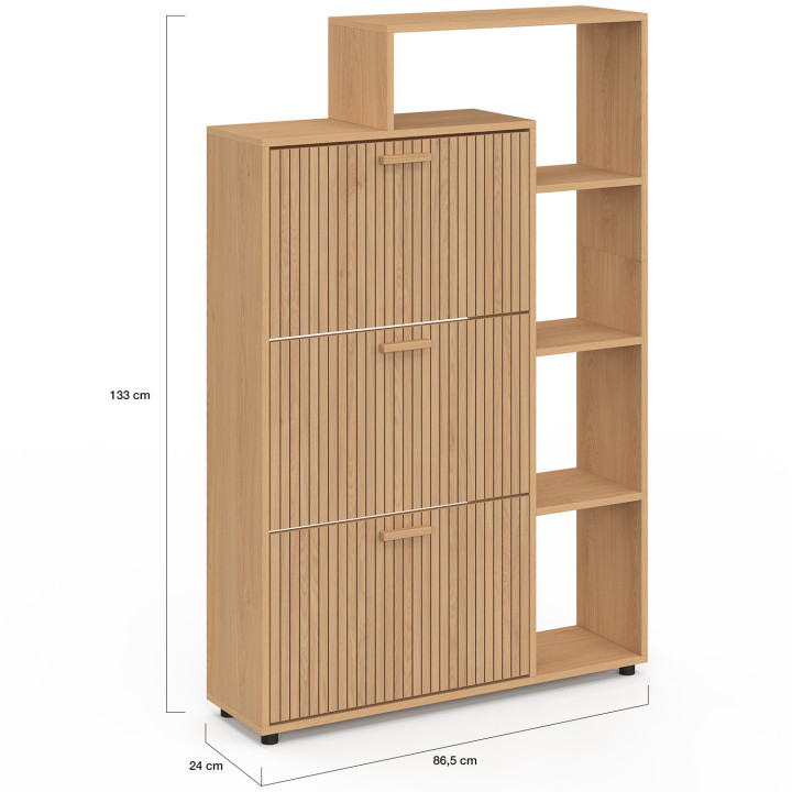 Meuble à chaussures 18 paires JULIETTE 3 portes avec étagères lattes tasseau bois coloris chêne