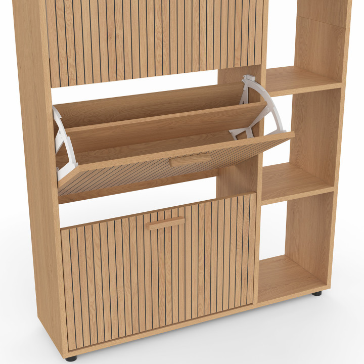 Meuble à chaussures 18 paires JULIETTE 3 portes avec étagères lattes tasseau bois coloris chêne
