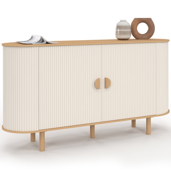 Aparador KANEL 140 cm, 2 puertas acanaladas en madera y beige