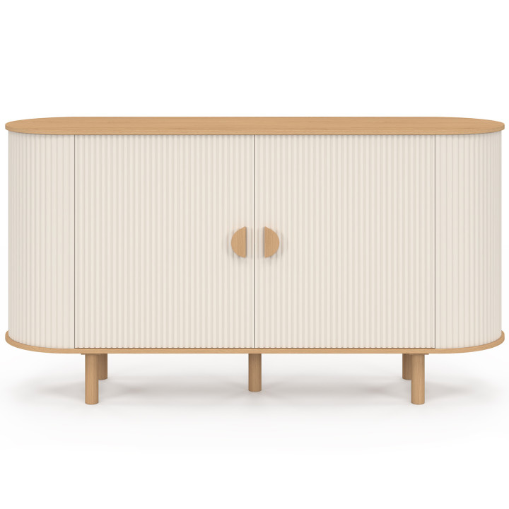 Buffet 140 cm KANEL 2 portes effet cannelé beige et bois