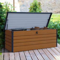 Coffre de rangement métal verrouillable effet bois et gris pour jardin 600L 165x70x63 cm