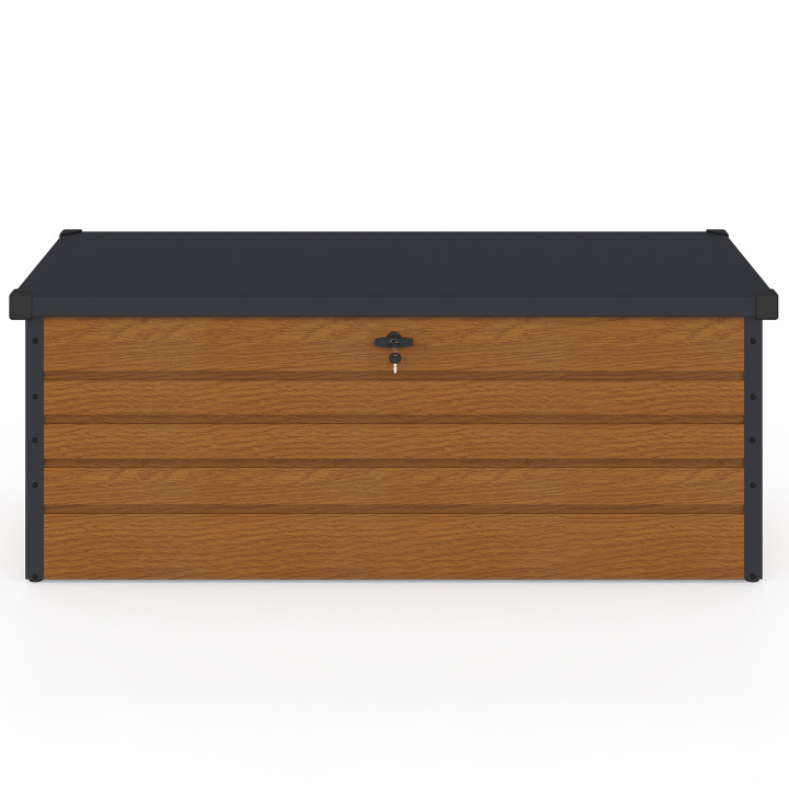 Coffre de rangement métal verrouillable effet bois et gris pour jardin 600L 165x70x63 cm