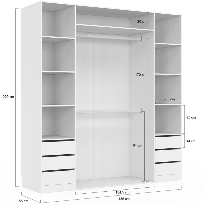 TAYLA 185 x 55 x 200 cm dubbele kledingkast met legplanken + dubbele hangruimte + witte laden