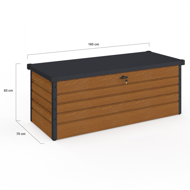 Coffre de rangement métal verrouillable effet bois et gris pour jardin 600L 165x70x63 cm